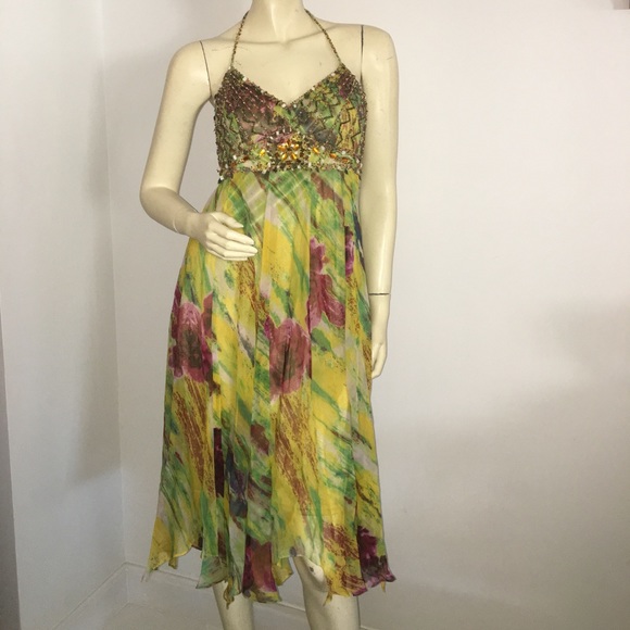 Sue Wong multicolored beaded silk halter dress with handkerchief hemline - Picture 2 of 8